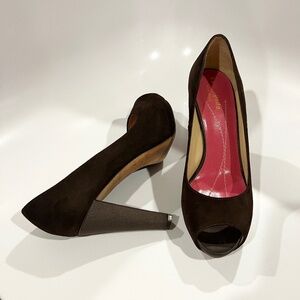 Kate Spade New York Georgia Peep Toe Pump Platform Brown Suede/satin Sz 6